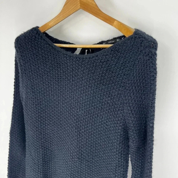 ZARA KNIT Bow Tie Back Chunky Sweater Size M Navy Keyhole Long Sleeve - Picture 11 of 13
